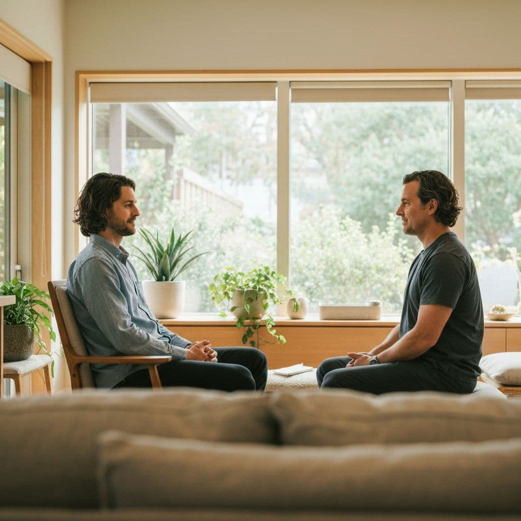 Two people in a warm, sunlit wellness space sharing a supportive conversation