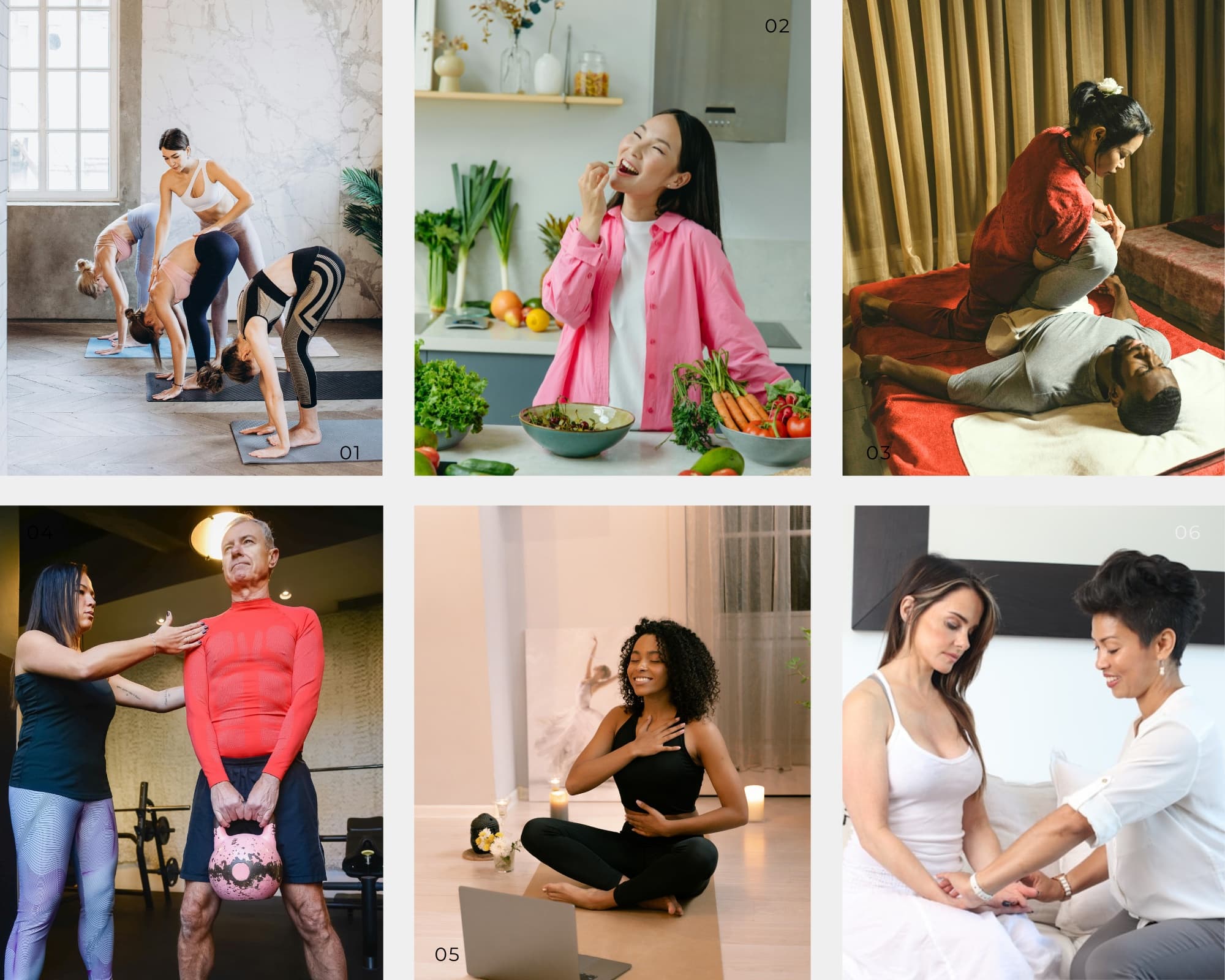 Wellness professionals at work across yoga, nutrition coaching, massage therapy, and consultation settings